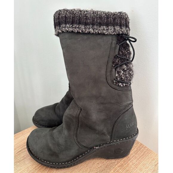 Ugg Skylar Wedge Boots Black Leather Knit Cuff Mid Calf Winter Casual size 8 - Picture 2 of 11